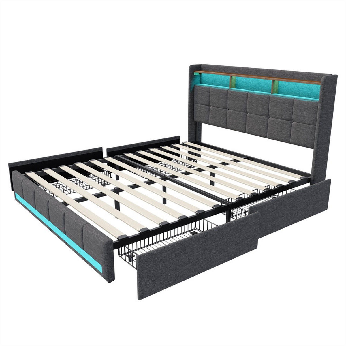 POLSTERBETT 140x190cm - Doppelbett mit 4 Schubladen - RGB-LED-Beleuchtung Ladestation - ohne Matratze - Grau - Grau, Textil (140/190cm) - DELFA