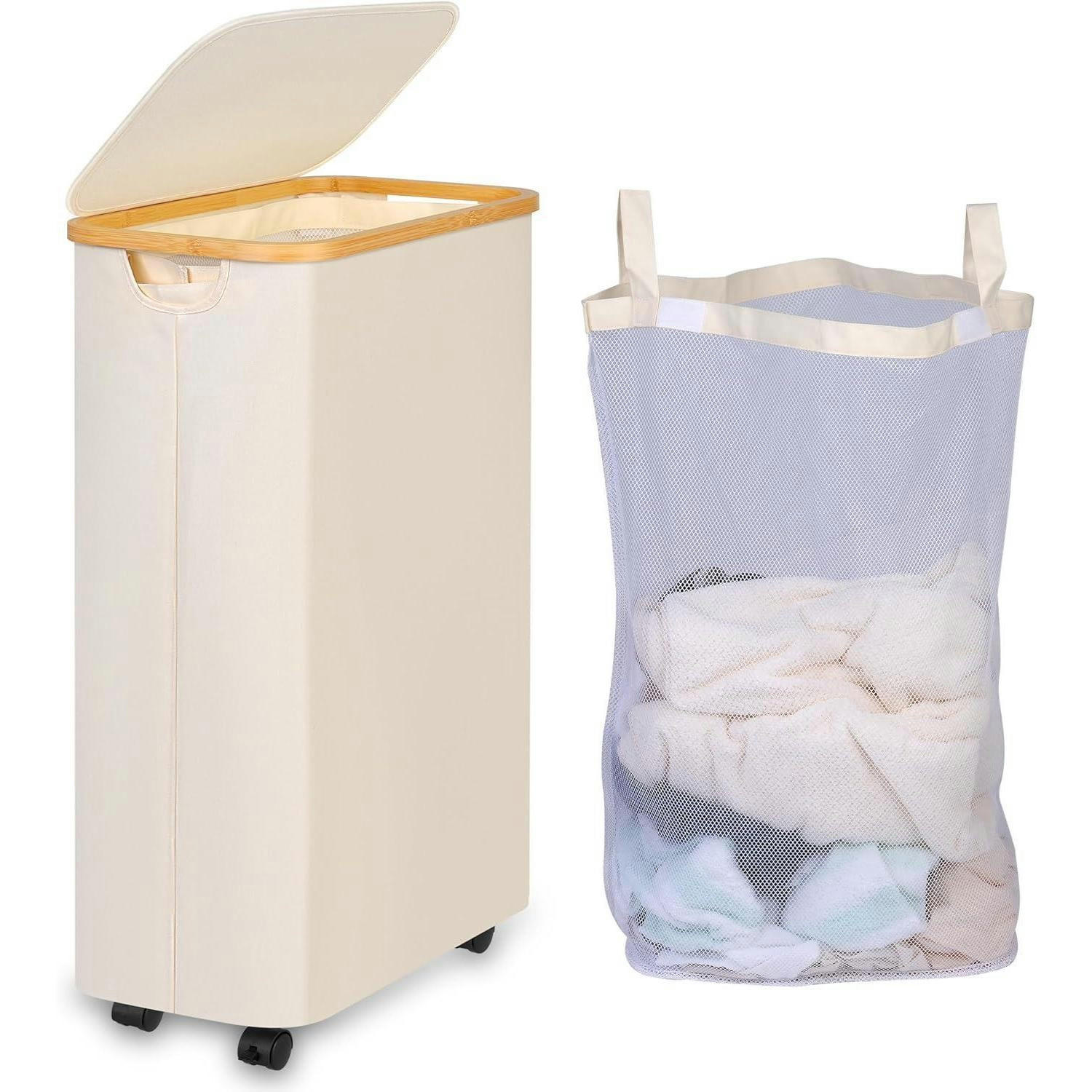 WÄSCHEKORB mit Rollen 75L Beige - Beige, Textil (25/70/43.5cm)