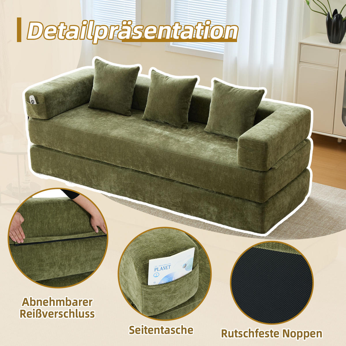 SCHLAFSOFA 198/79/60 cm Grün mit Aufbewahrungstaschen - Grün, Textil (198/60/79cm) - Oxeza