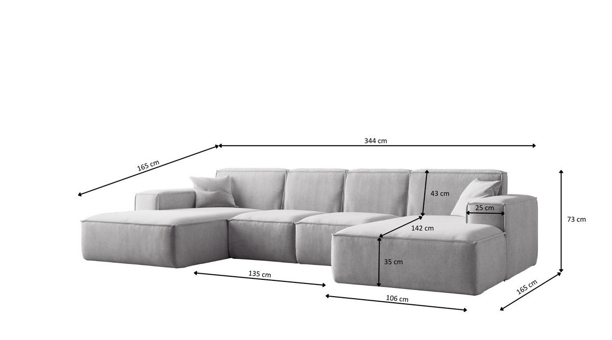 ECKSOFA U-Form Siena, U-förmiges Ecksofa, Stoff Salvador Hellgrau - Hellgrau, Holz/Textil (344/165cm) - Kaiser Möbel