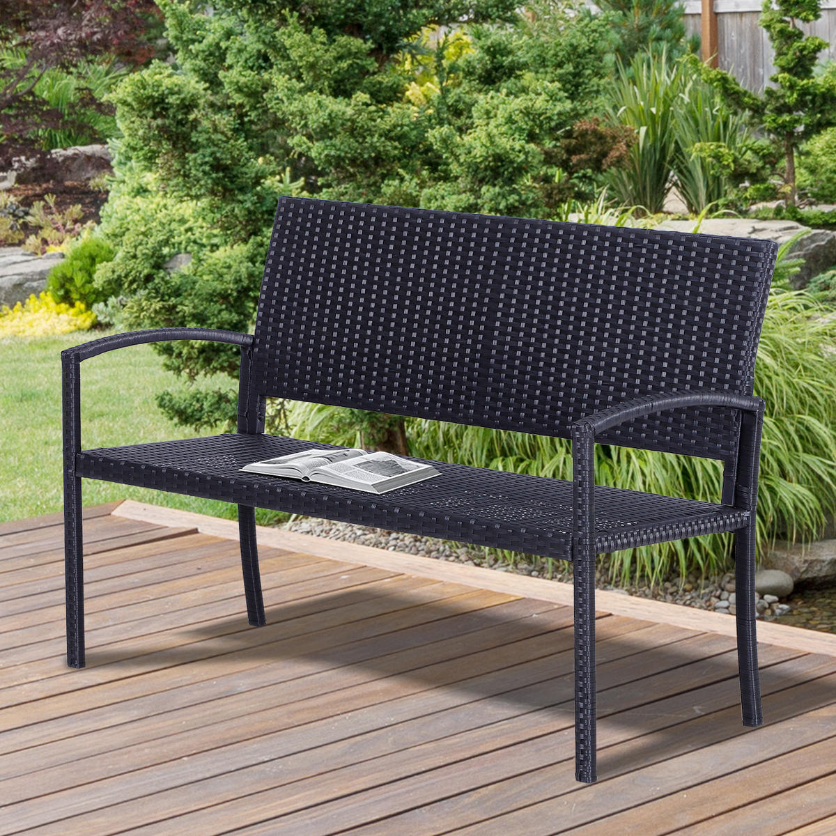 GARTENBANK DE-13551 2-Sitzer, geflochtene Resine Schwarz - Schwarz, Kunststoff/Metall (122/87/60cm) - ComfortXL