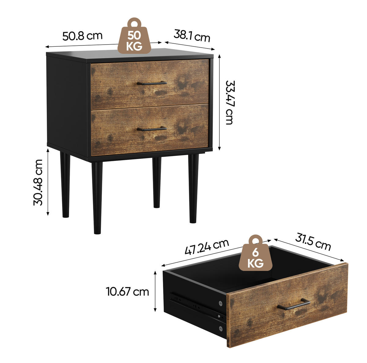NACHTTISCH aus MDF mit 2 Schubladen, 50,8/38,1/33,47 cm, Braun - Braun, Holzwerkstoff (38.1/33.47/50.8cm) - Redom