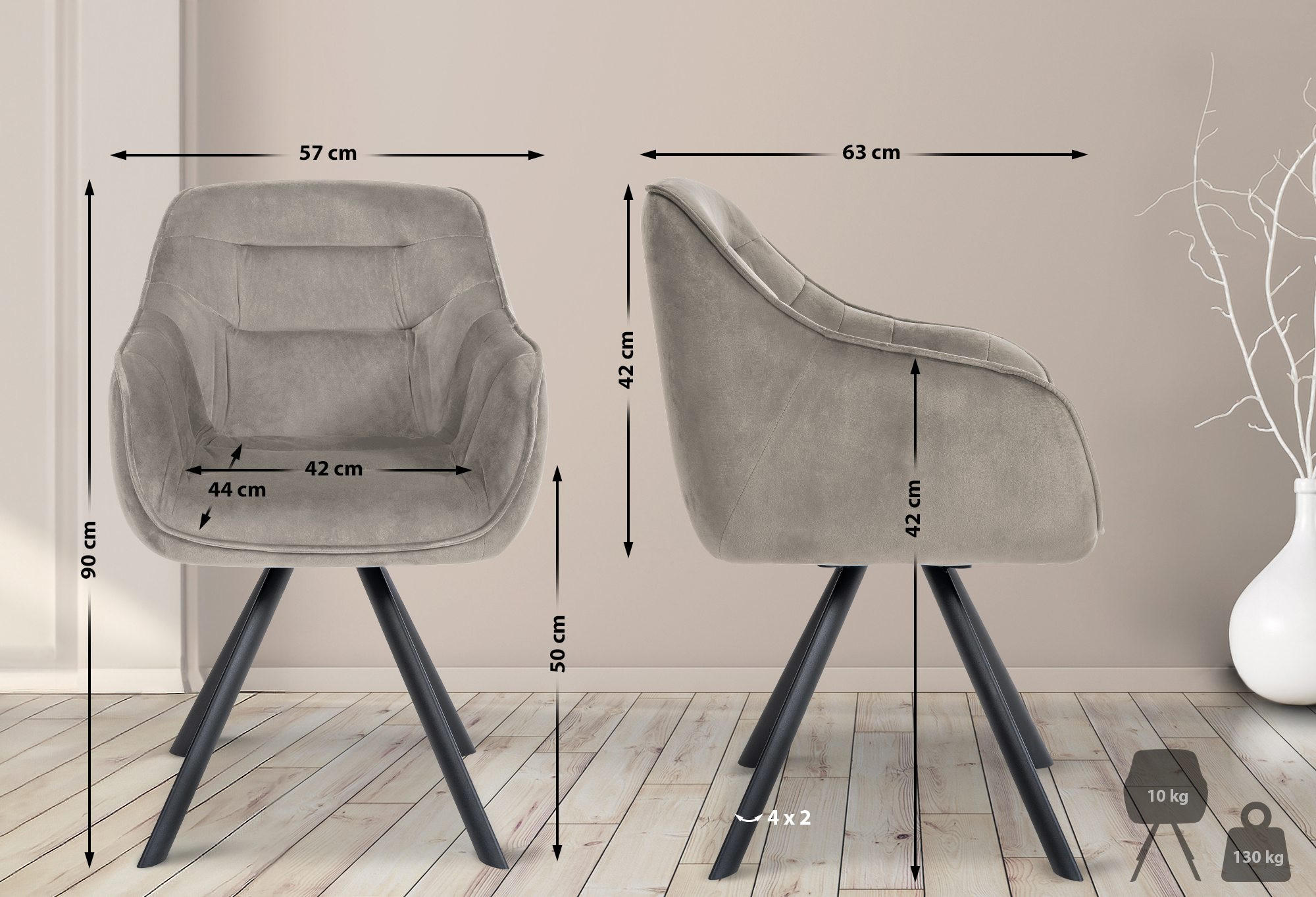 ARMLEHNENSTUHL Samt grau - Schwarz/Grau, Textil/Metall (57/90/63cm) - CLP