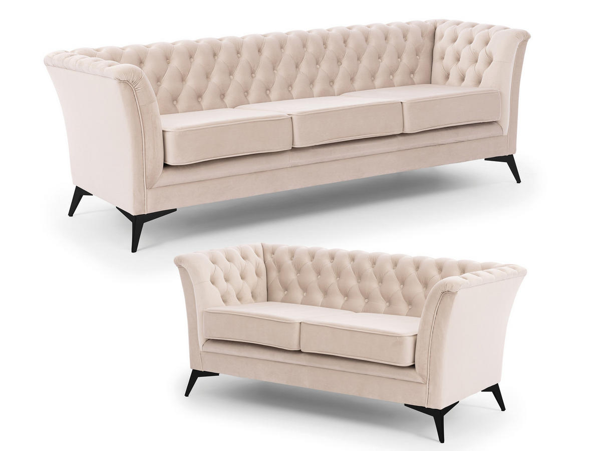SITZGARNITUR 3+2 Chesterfield Whitby Beige Samt mit schwarzen Füßen - Beige/Schwarz, Holz/Textil (237/78/82cm) - S-Style Möbel