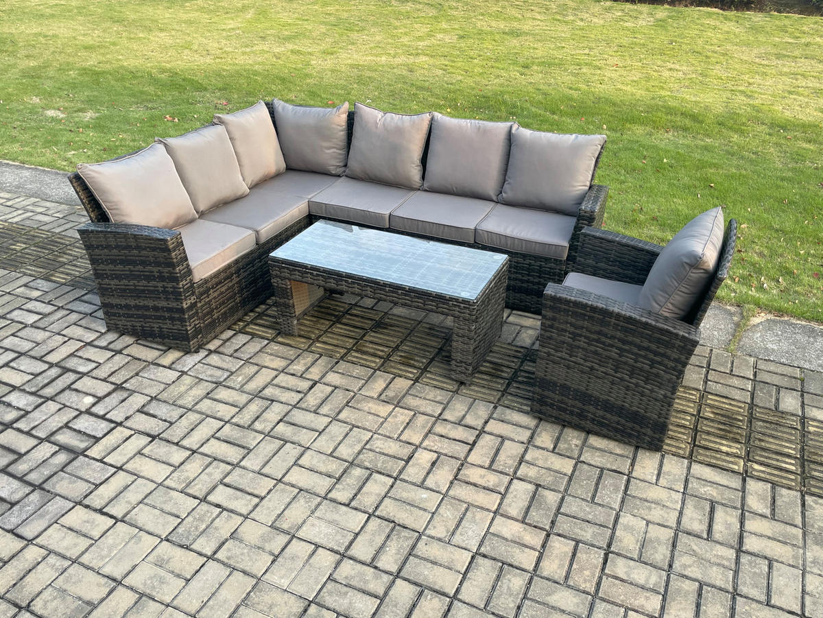 BALKONMÖBEL-SETS mit Ecksofa,Länglicher Couchtisch,Stuhl Polyrattan Dunkelgrau 7-Sitzer - Dunkelgrau/Grau, Glas/Kunststoff - Fimous