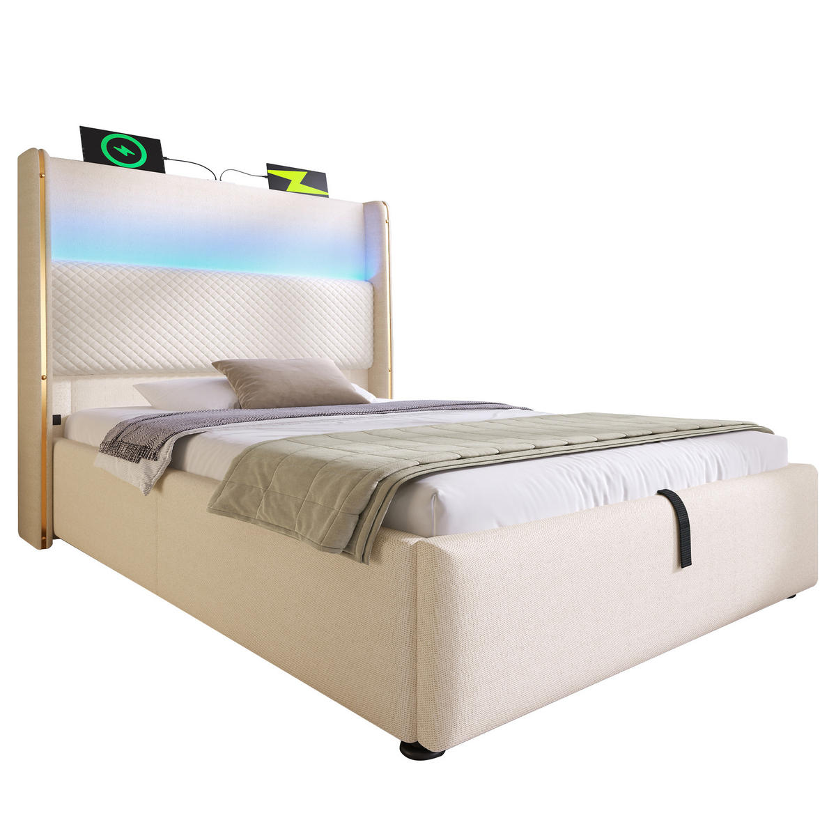 BETT Hydraulisches 90/200 cm Beige mit LED-Beleuchtung und Stauraum - Beige, Textil (90/200cm) - OKWISH