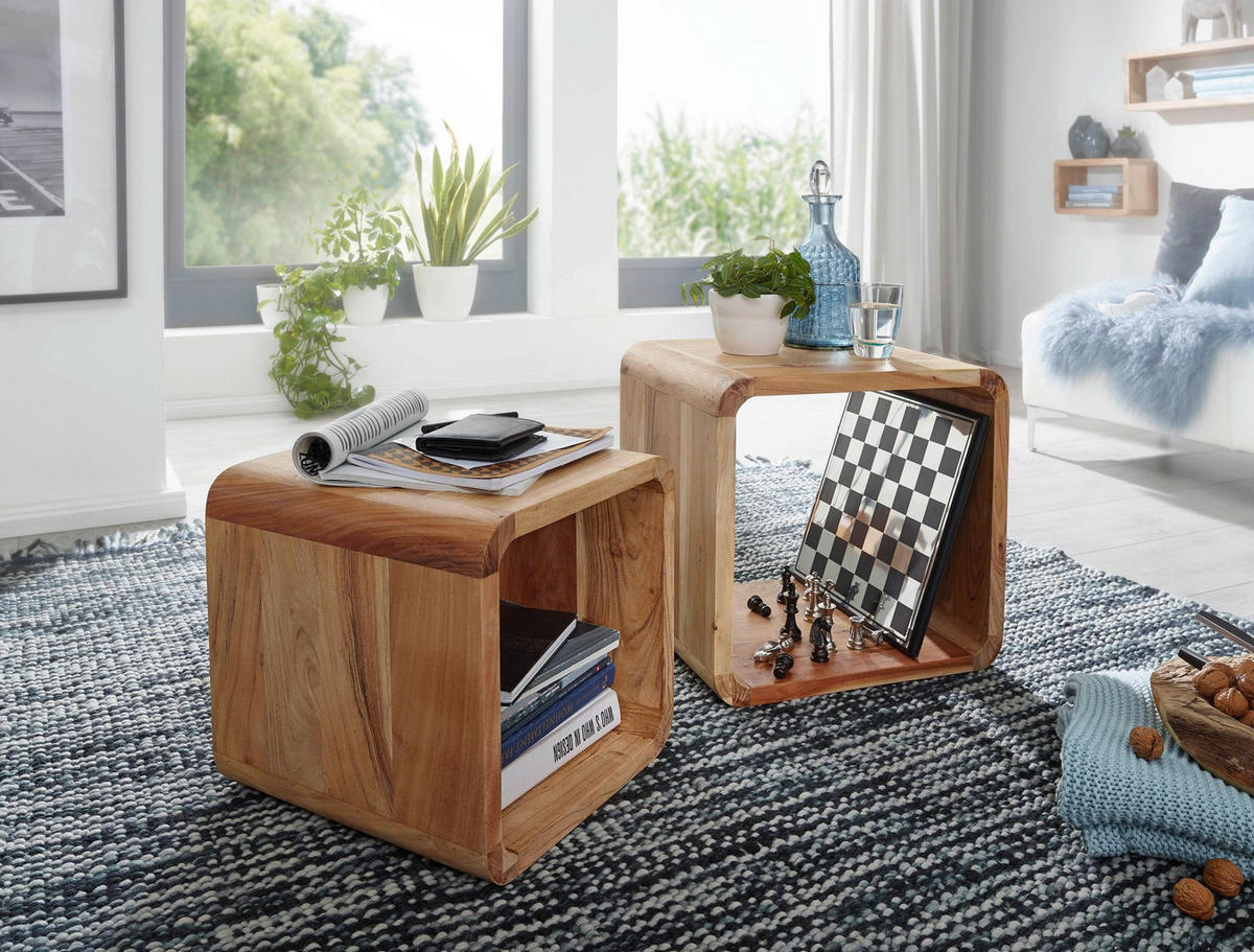 BEISTELLTISCH Set – 2-teilig Akazie Massivholz handgefertigt - Beige/Braun, Holz (36/43/43cm) - KADIMA DESIGN