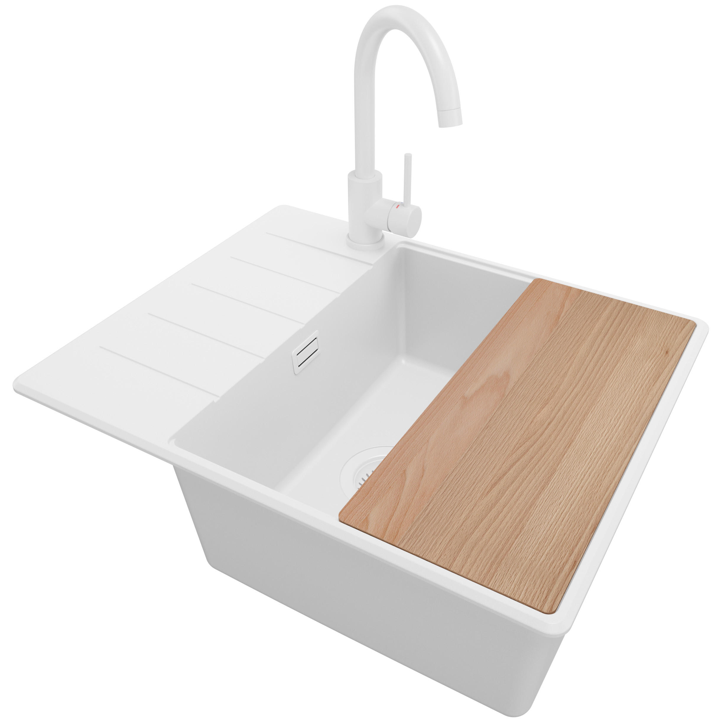 GRANITSPÜLE Kopenhagen, 2-er set Alles Weiß 62/50 cm 1 Becken + Küchenarmatur 32/20 cm + Ablauf-Set + Schneidebrett ab 50er Unterschrank - Beige/Weiß, Kunststoff (62/20/50cm) - Primagran