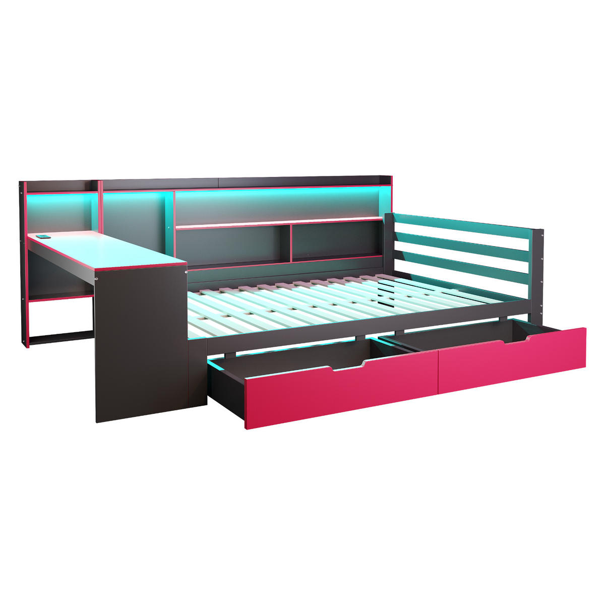 KINDERBETT 140/200 cm DE-01551, in Schwarz + Rot, mit Schreibtisch, Bücherregal und LED - Rot, Holz (140/200cm) - ComfortXL