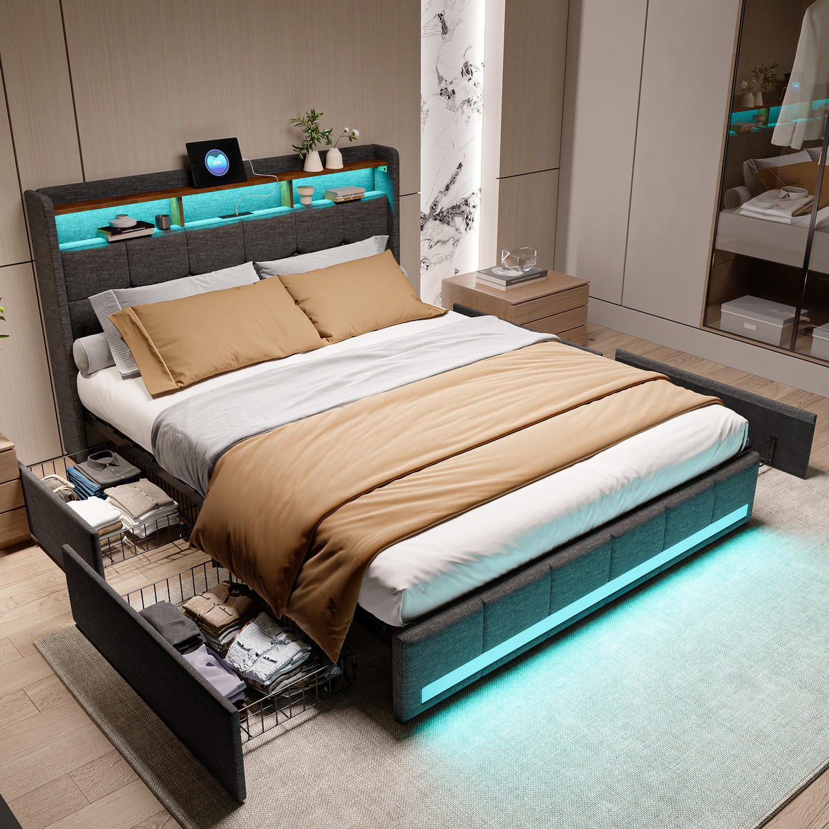 POLSTERBETT 140/200cm, mit 4 Schubladen, LED, USB-Anschluss, aus Leinen, grau - Grau, Textil (140/200cm) - Waldena