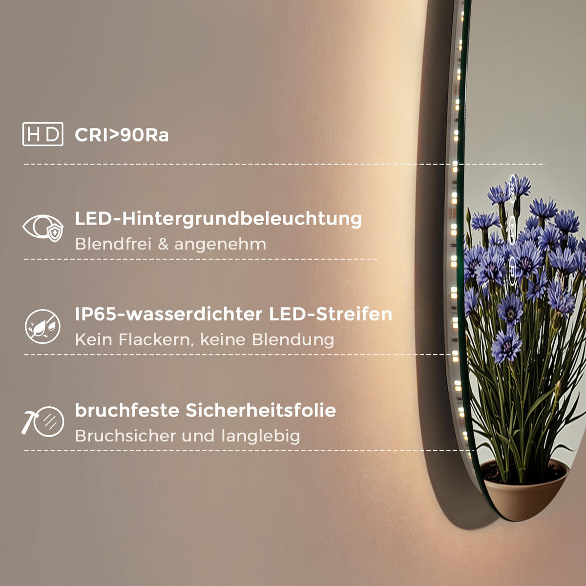 BADEZIMMERSPIEGEL mit Beleuchtung 75/55 cm asymmetrisch LED dimmbar mit Antibeschlag - Transparent, Glas (55/75/2.5cm) - S'AFIELINA