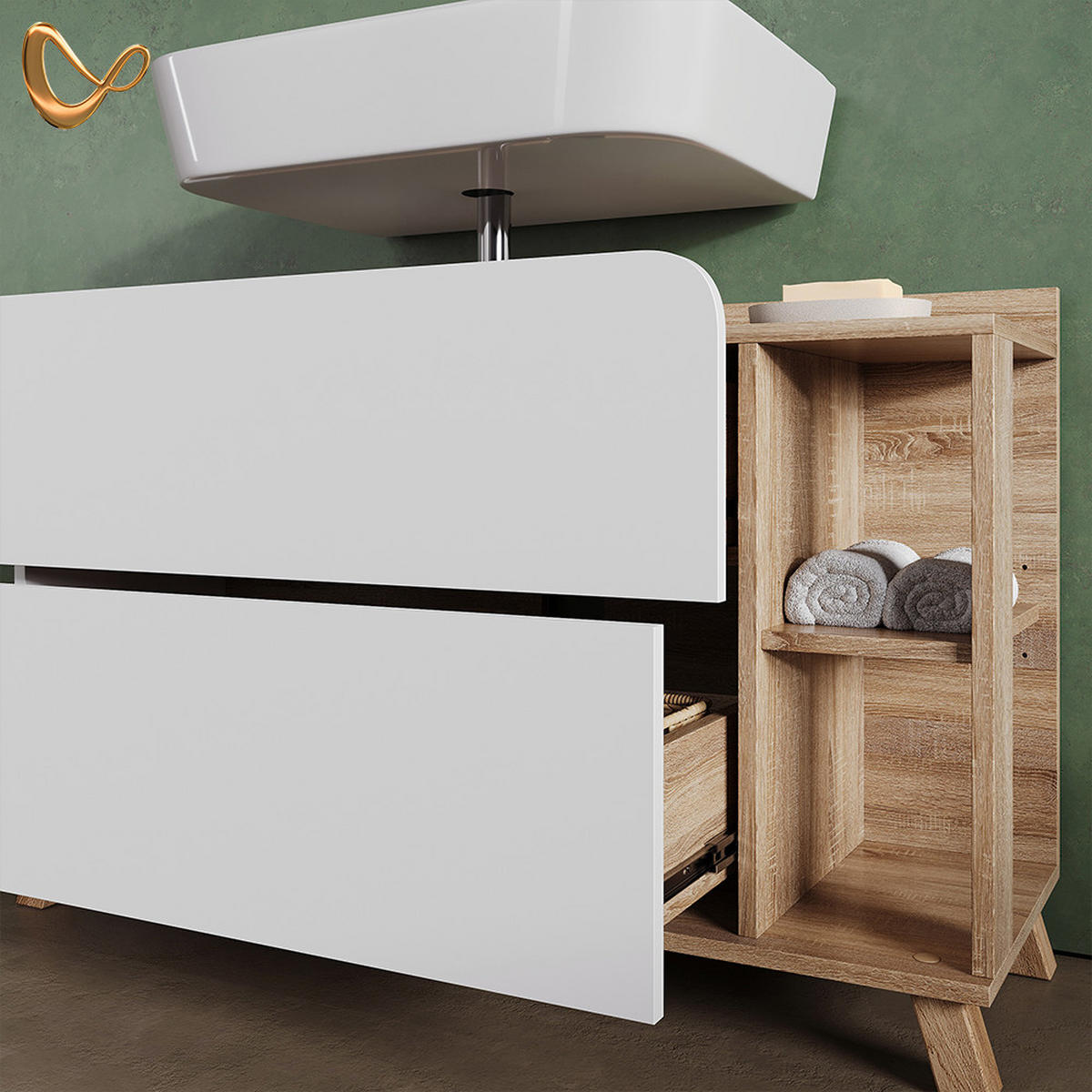 VANITY ENOTA ZA UMIVALNIK Marano, Sonoma/Bela, 100 x 65 cm z 2 predaloma - bela/hrast sonoma, leseni material (100/65/35cm) - Livinity®