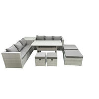 GARTENSET mit Esstisch,Sofa,3 Fußhocker, Beistelltisch Polyrattan Hellgrau 10-Sitzer - Hellgrau/Grau, Glas/Kunststoff - Fimous