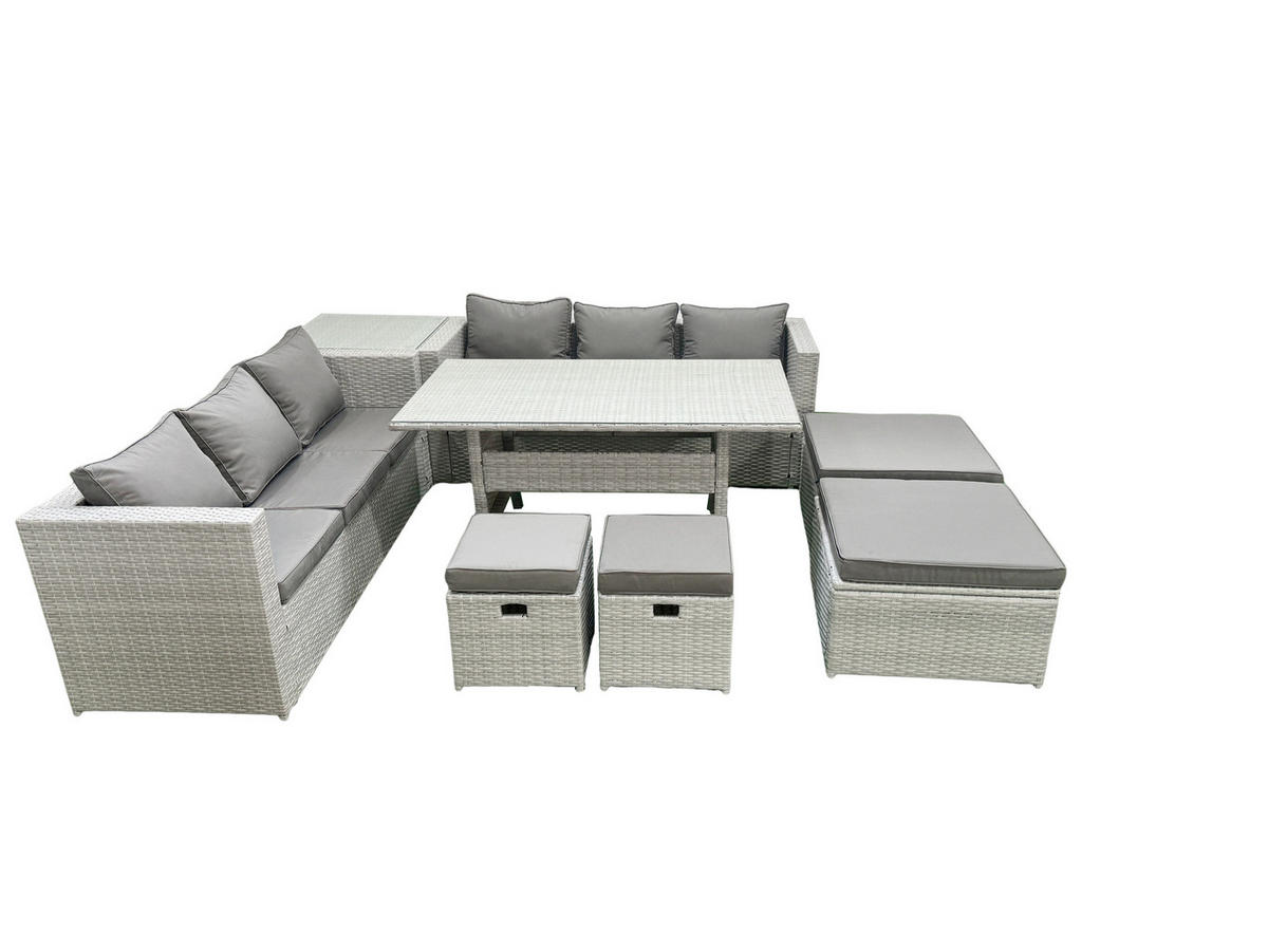 GARTENSET mit Esstisch,Sofa,3 Fußhocker, Beistelltisch Polyrattan Hellgrau 10-Sitzer - Hellgrau/Grau, Glas/Kunststoff - Fimous