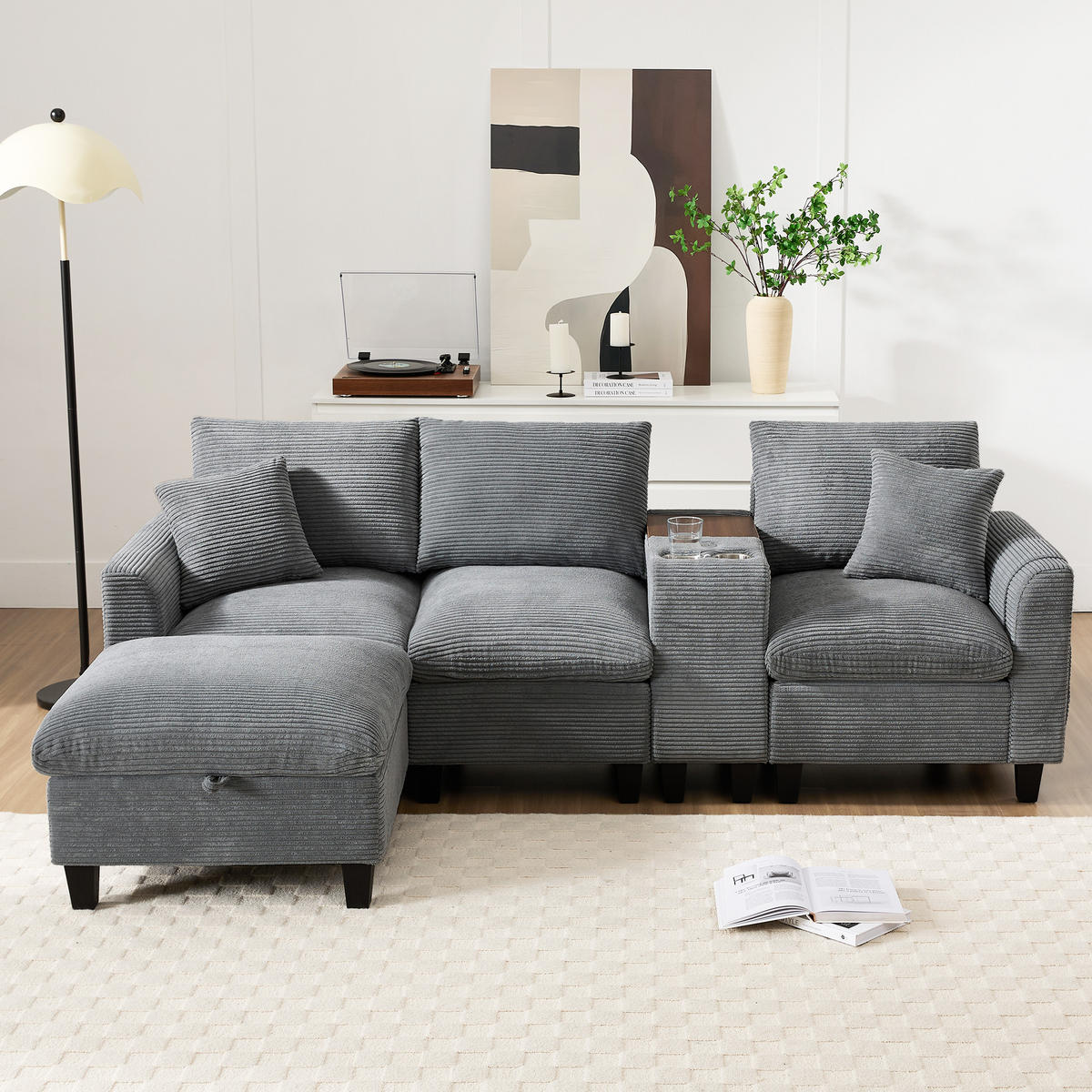 ECKSOFA L-Form 4-Sitzer mit USB-Anschlüssen & Armlehnen Aufbewahrungstaschen Cord Grau 229/149,5/83 cm - Grau, Textil (229/149.5cm) - OKWISH