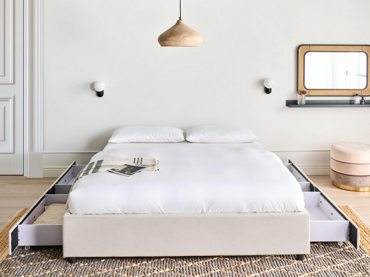 BETT mit Schubladen ohne Kopfteil 140/200 cm Stoff Hellbeige Prades - Beige, Textil (140/200cm) - Beliani
