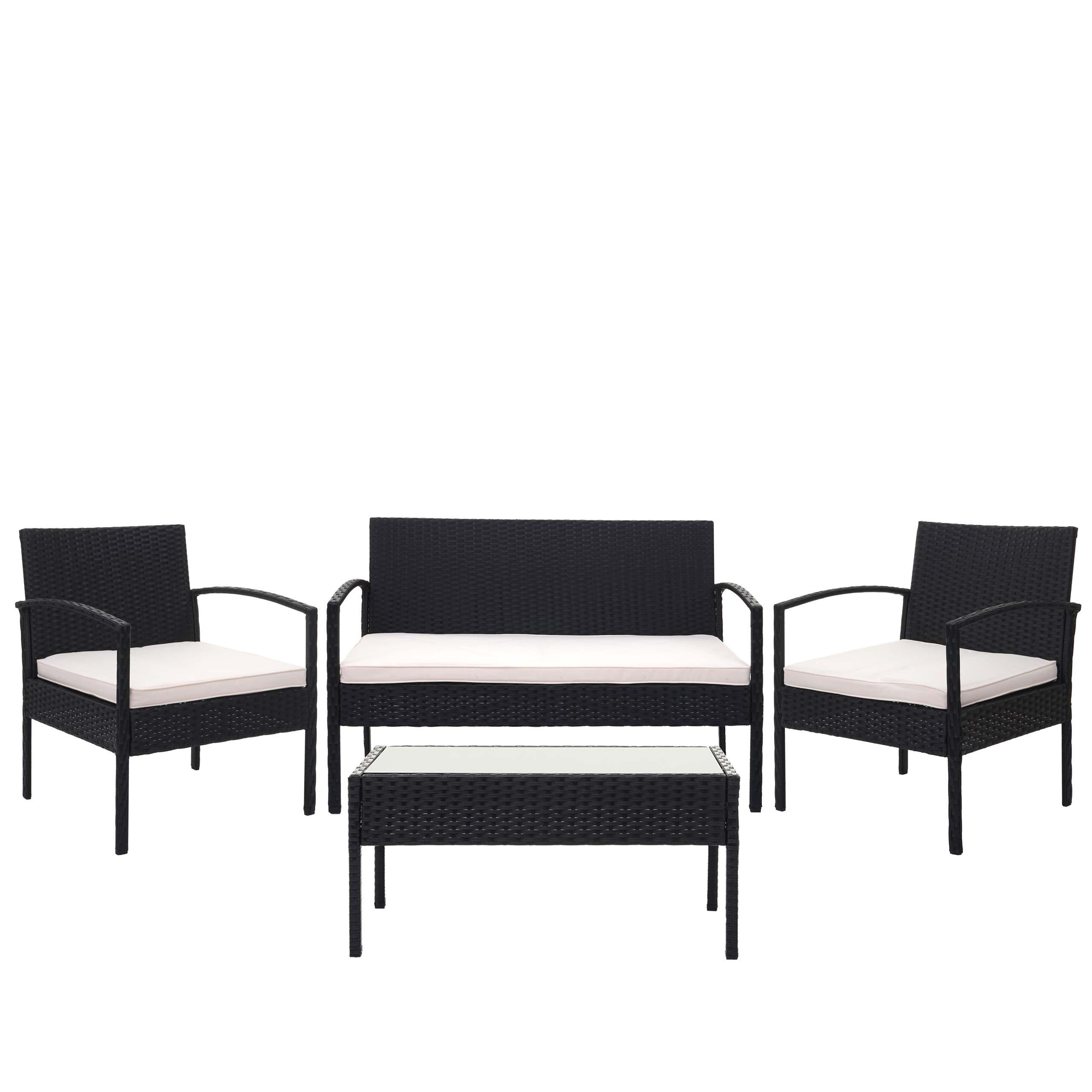 POLY-RATTAN GARNITUR Schwarz, Cremeweiß - Schwarz/Weiß, Kunststoff - MCW