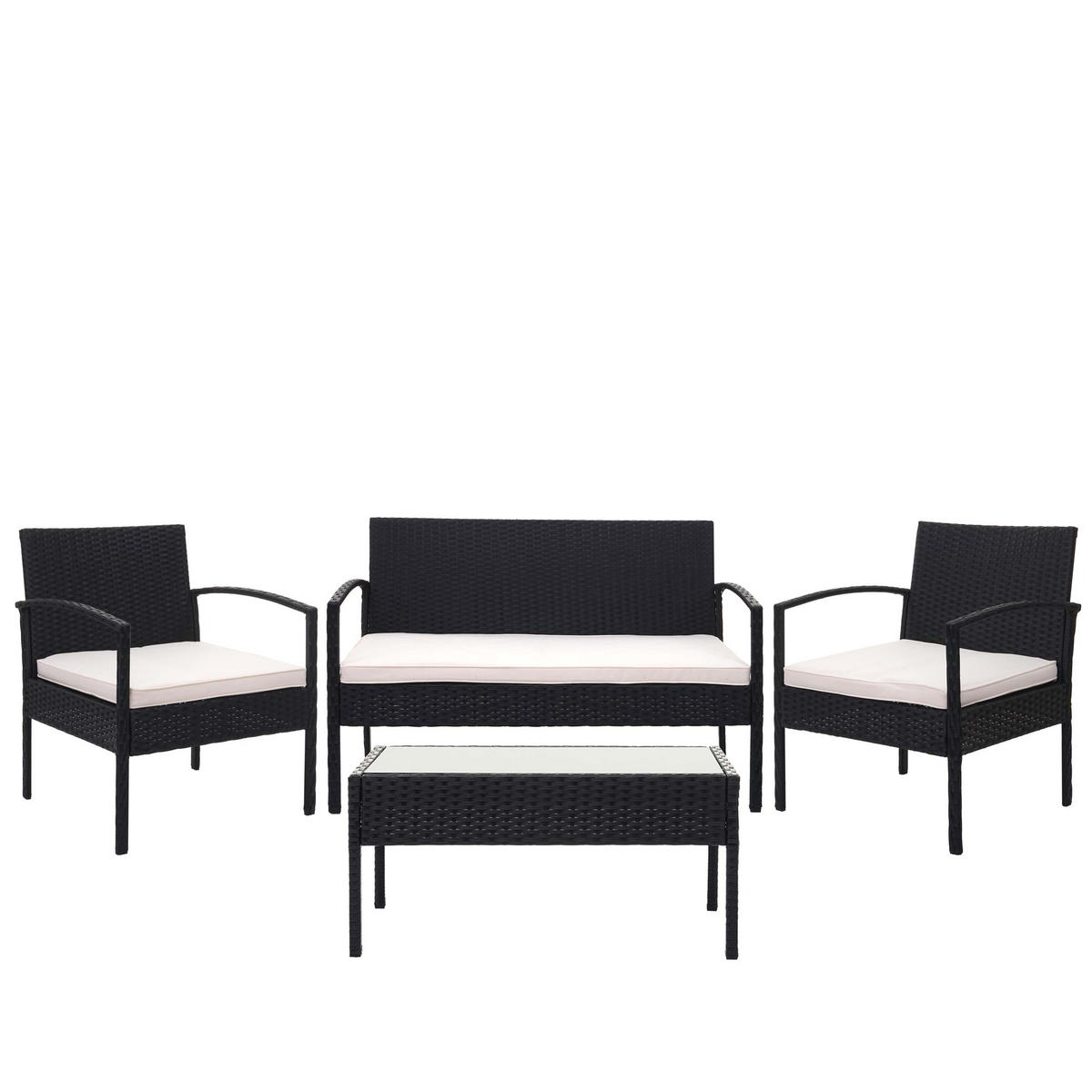 POLY-RATTAN GARNITUR Schwarz, Cremeweiß - Schwarz/Weiß, Kunststoff - MCW