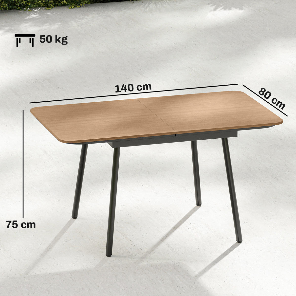 GARTENTISCH rechteckig 140/80/75 cm Teak - Schwarz/Teakfarben, Metall (140/80/75cm) - Outsunny