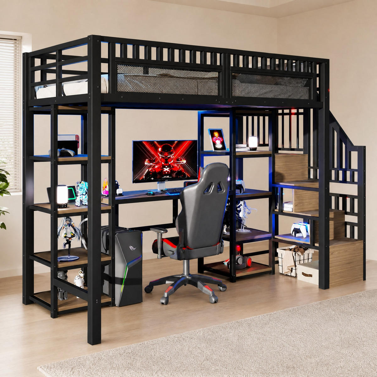 HOCHBETT 90/200 mit LED, USB, Schreibtisch und Stauraumleiter in Schwarz - Schwarz, Holzwerkstoff/Metall (90/200cm) - EVRYAE