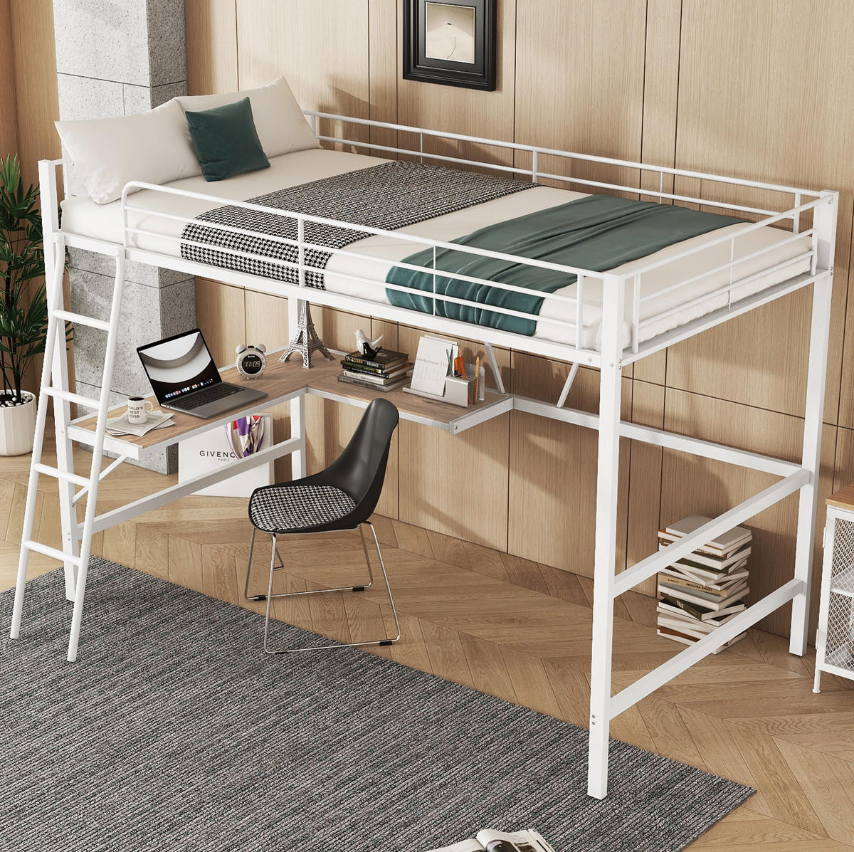 HOCHBETT aus Metall 90x200 cm Weiß mit L-förmigem Schreibtisch, Regal und Sicherheitsgeländer - Weiß, Metall (90/190cm) - Modfu