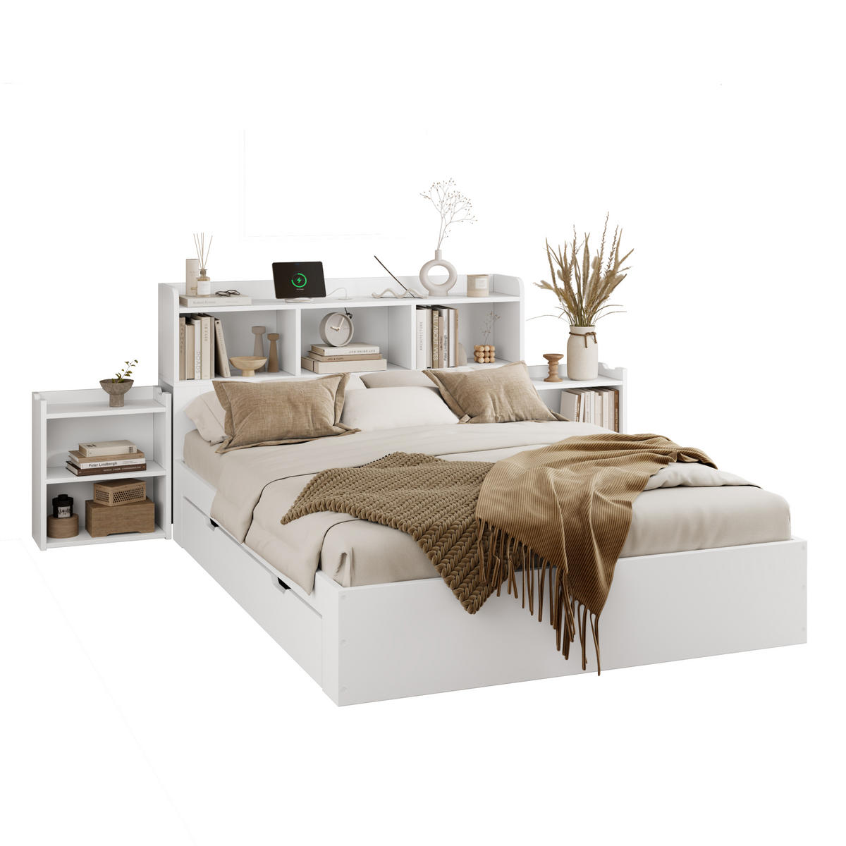 HOLZBETT 140x200 Doppelbett Lattenrost Nachttische Weiß - Weiß, Holzwerkstoff - FLIEKS