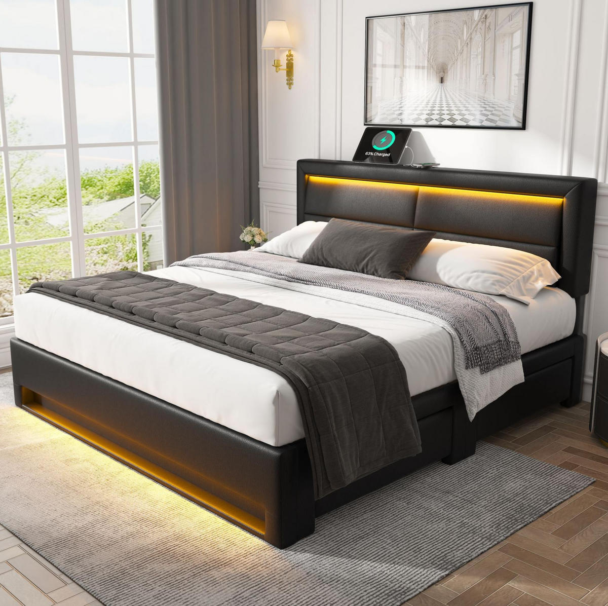 ČALÚNENÁ posteľ, 140/190 cm, PU čierna, LED osvetlenie, USB nabíjanie a 4 zásuvky - čierna, plast (140/190cm) - BEAOK