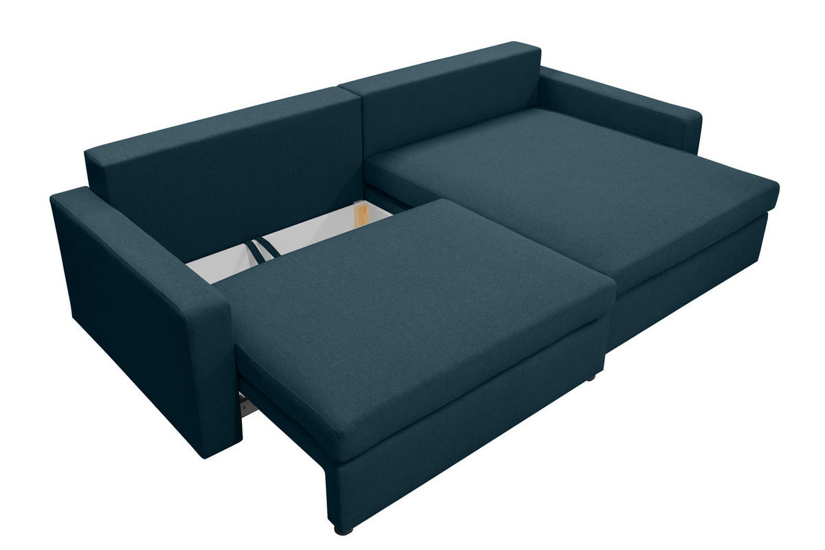 ECKSOFA Mit Schlaffunktion Und Bettzeugablage LUBEKA Stoff Faro Azurblau Rechts - Dunkelblau, Holz (224/147cm) - Kaiser Möbel