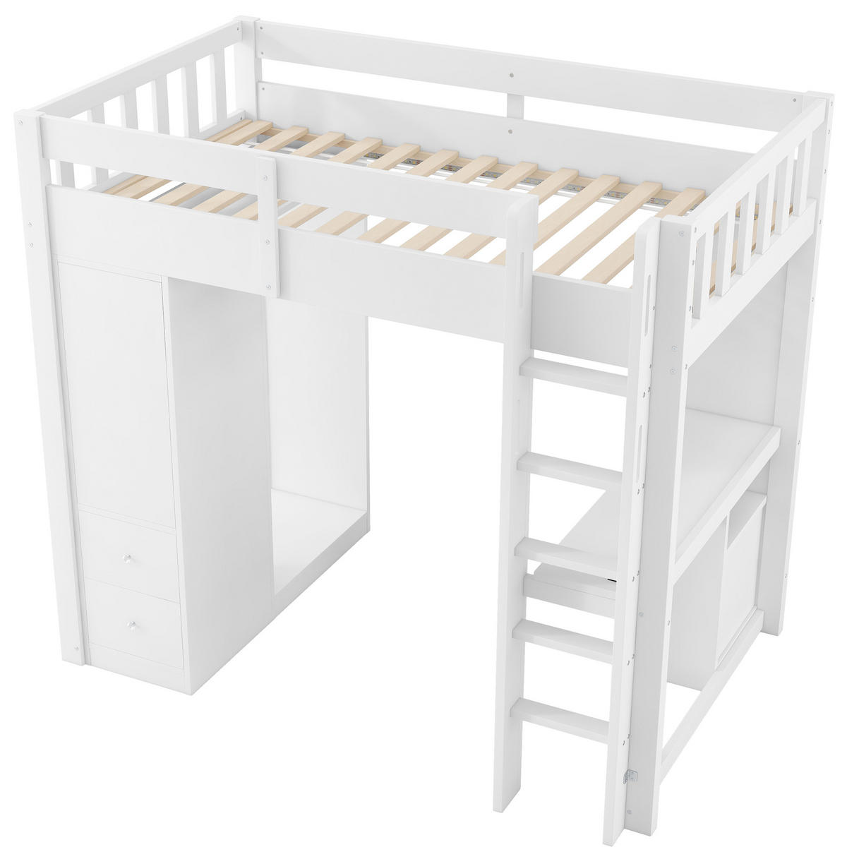 HOCHBETT 90x200cm, 4 Schubladen, Stauraumschrank, Schreibtisch, Kleiderschrank, LED, USB, Weiß - Weiß, Holz (100/200cm)