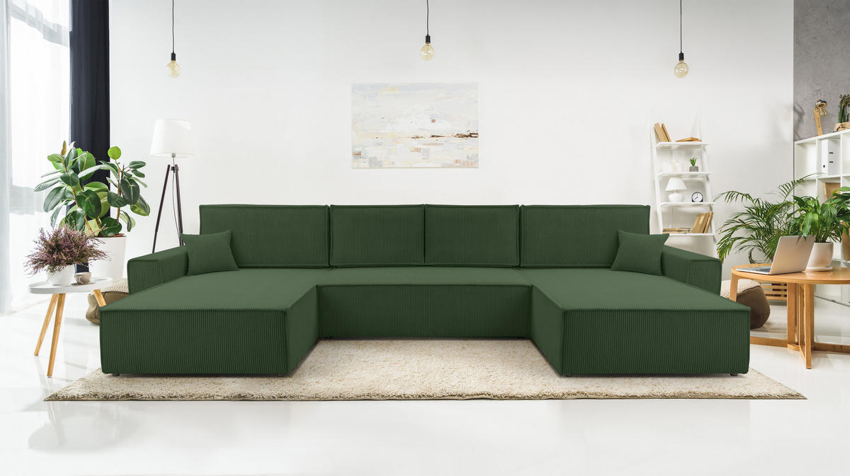 WOHNLANDSCHAFT Cedria Grün 389/145/85 cm mit Schlaffunktion - Dunkelgrün/Schwarz, Kunststoff/Textil (389/85/145cm) - AX Living