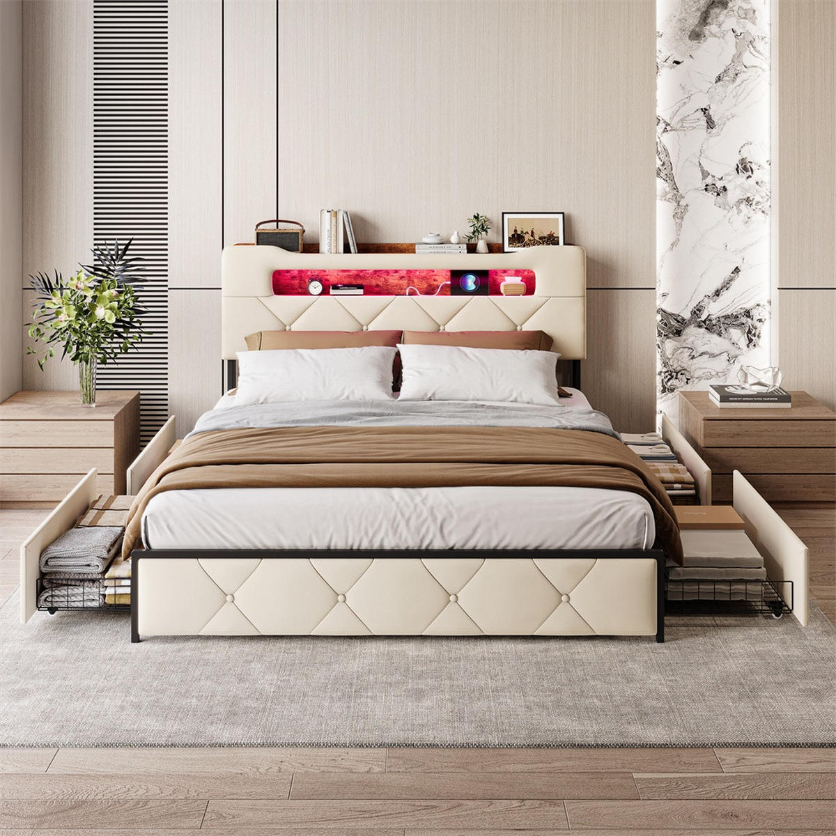 POLSTERBETT 160x200 cm - Doppelbett mit Stauraumkopfteil - 4 Schubladen und LED-Beleuchtung - ohne Matratze - Beige - Beige, Textil (160/200cm) - DELFA