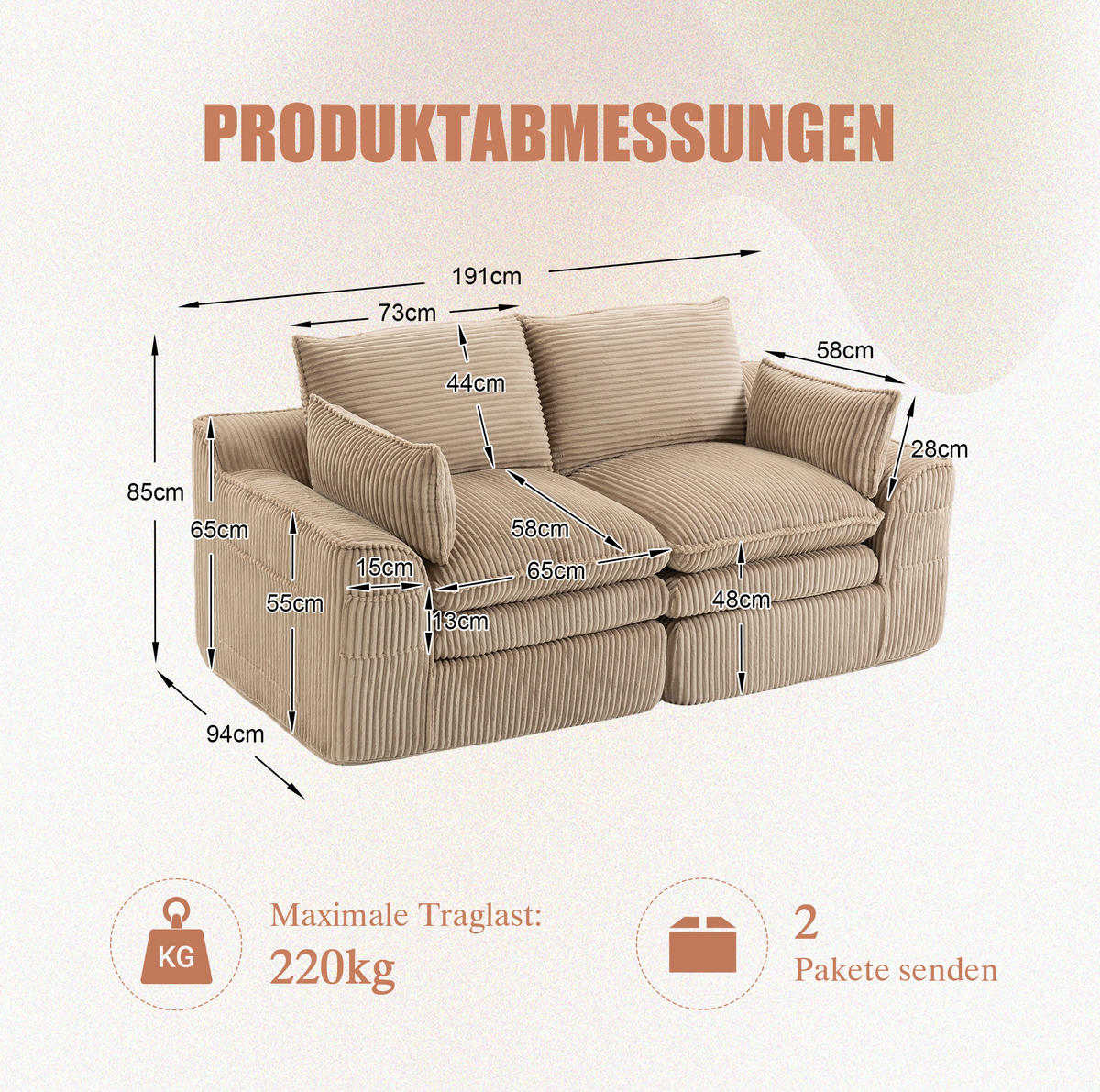 2-SITZER-SOFA aus Cord 191x94x85 cm Khaki mit Seitentaschen, Kissen und Federkern für hohen Sitzkomfort - Beige, Textil (191/85/94cm) - Modfu