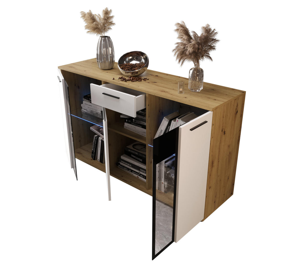 KOMMODE London LSK mit 3 Türen, Sideboard in Farbe: Weiß|Braun, Größe: 140 x 80 x 40 cm - Weiß/Braun, Holzwerkstoff (140/80/40cm) - O-Sofa