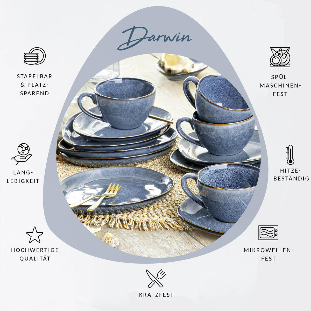 KAFFEESERVICE DARWIN für 4 Personen aus Steingut - Blau, Keramik (26/34/24.75cm) - Sänger