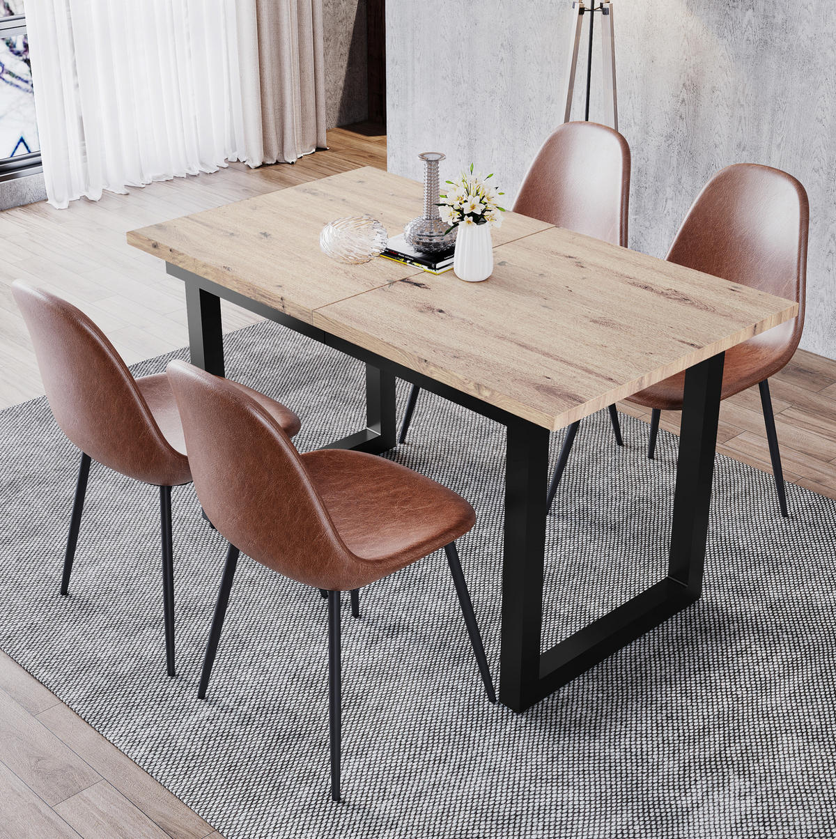 JÍDELNÍ stůl 140/180/80/75 cm, MDF, černá/přírodní, rozkládací v industriálním stylu - barva dubu, kompozitní dřevo (180/80/75cm) - BEAOK