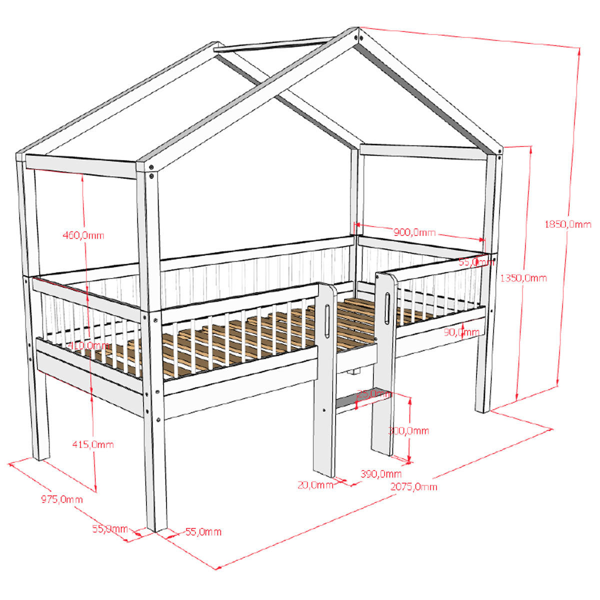 HAUSBETT HALBHOCH 90x200 Keeley Buche Weiß Leiter Mitte - Weiß, Holz (90/200cm) - 58aufmkessel