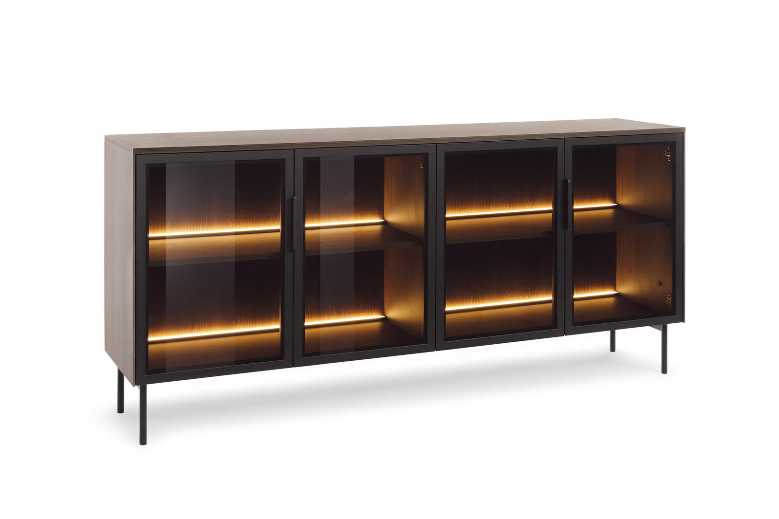SIDEBOARD LUMI 181 cm Eiche Dunin - mit 4 Glastüren (Braunglas) und LED - Eichefarben/Schwarz, Holz/Holzwerkstoff (181/83/39cm) - Ravio