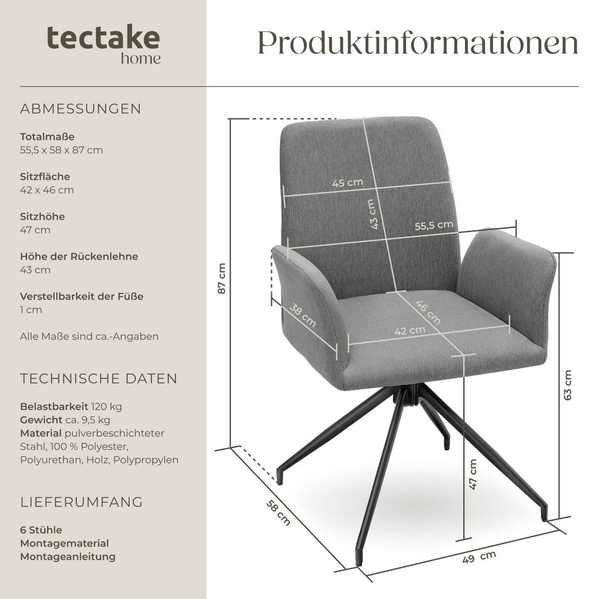 ARMLEHNSTUHL Drehbar Daya,55,5 x 58 x 87 cm,anthrazit - Anthrazit, Kunststoff (55.5/87/58cm) - tectake