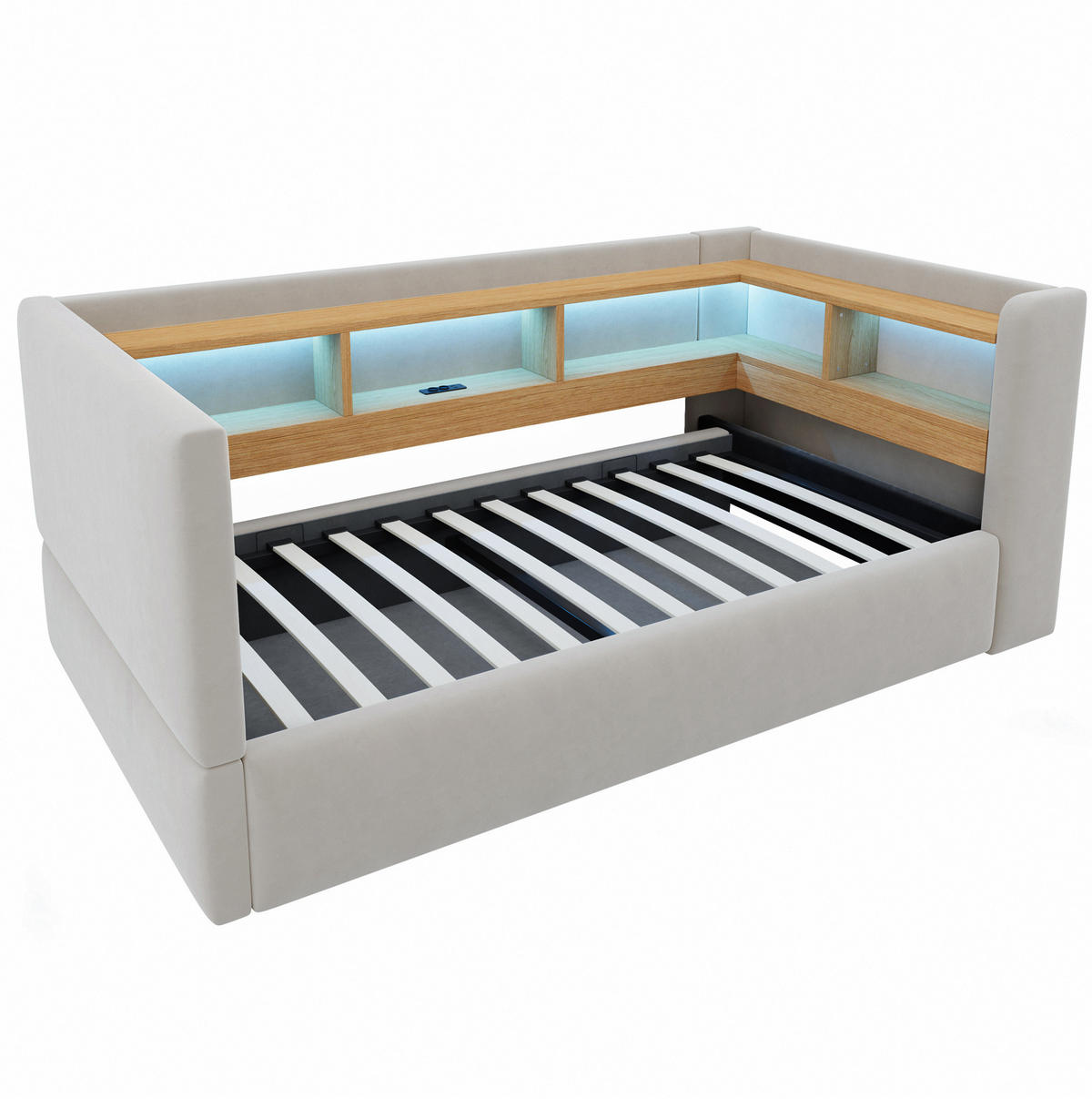 POLSTERBETT 90/190 cm aus Flanell mit LED und Steckdosen, Hellgrau - Hellgrau, Textil (90/190cm) - OKMYHOME