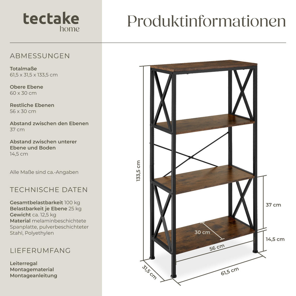 REGAL Barry,inklusive Kippschutz, 61,5 x 31,5 x 133,5 cm,Industrial Holz dunkel, rustikal - Rostfarben, Holzwerkstoff (31.5/133.5/61.5cm) - tectake