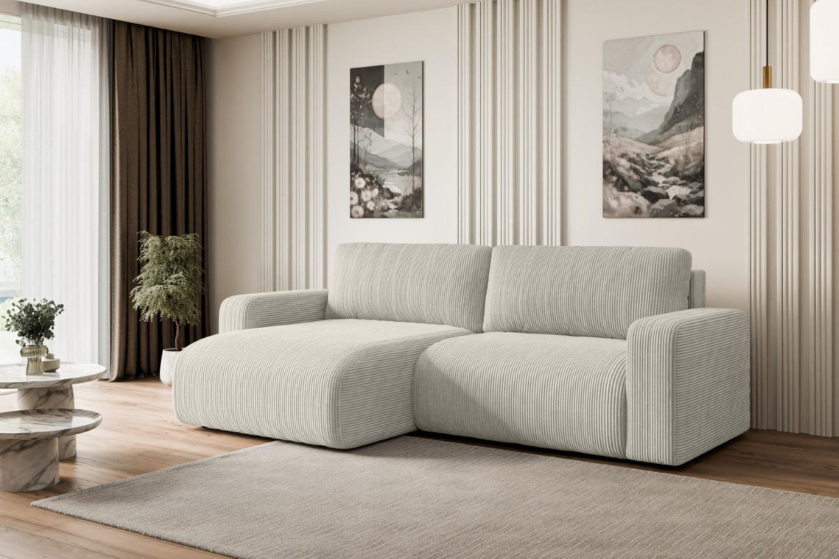 ECKSOFA mit Schlaffunktion und Bettkasten KLEEA-L - 247x143x83 cm Hellgrau Cord - Hellgrau/Schwarz, Holzwerkstoff/Kunststoff (247/143cm) - ALTDECOR
