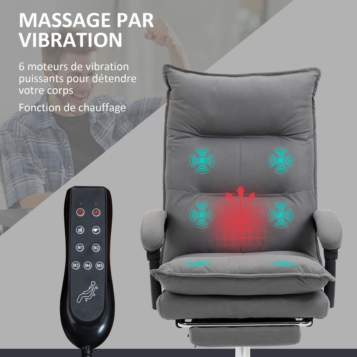 CHEFSESSEL DE-11806 mit Massage & Heizung Grau - Grau, Metall (66/121.5/74cm) - ComfortXL