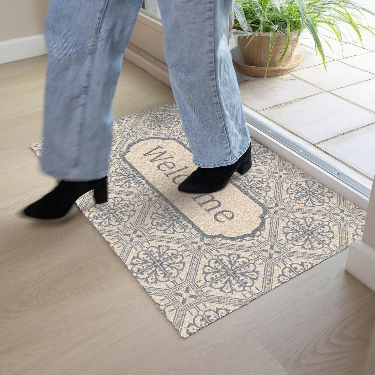 FUSSMATTE Willkommen - Klassisch - Grau 90x60 cm - Beige, Kunststoff (90/0.4cm) - MuchoWow
