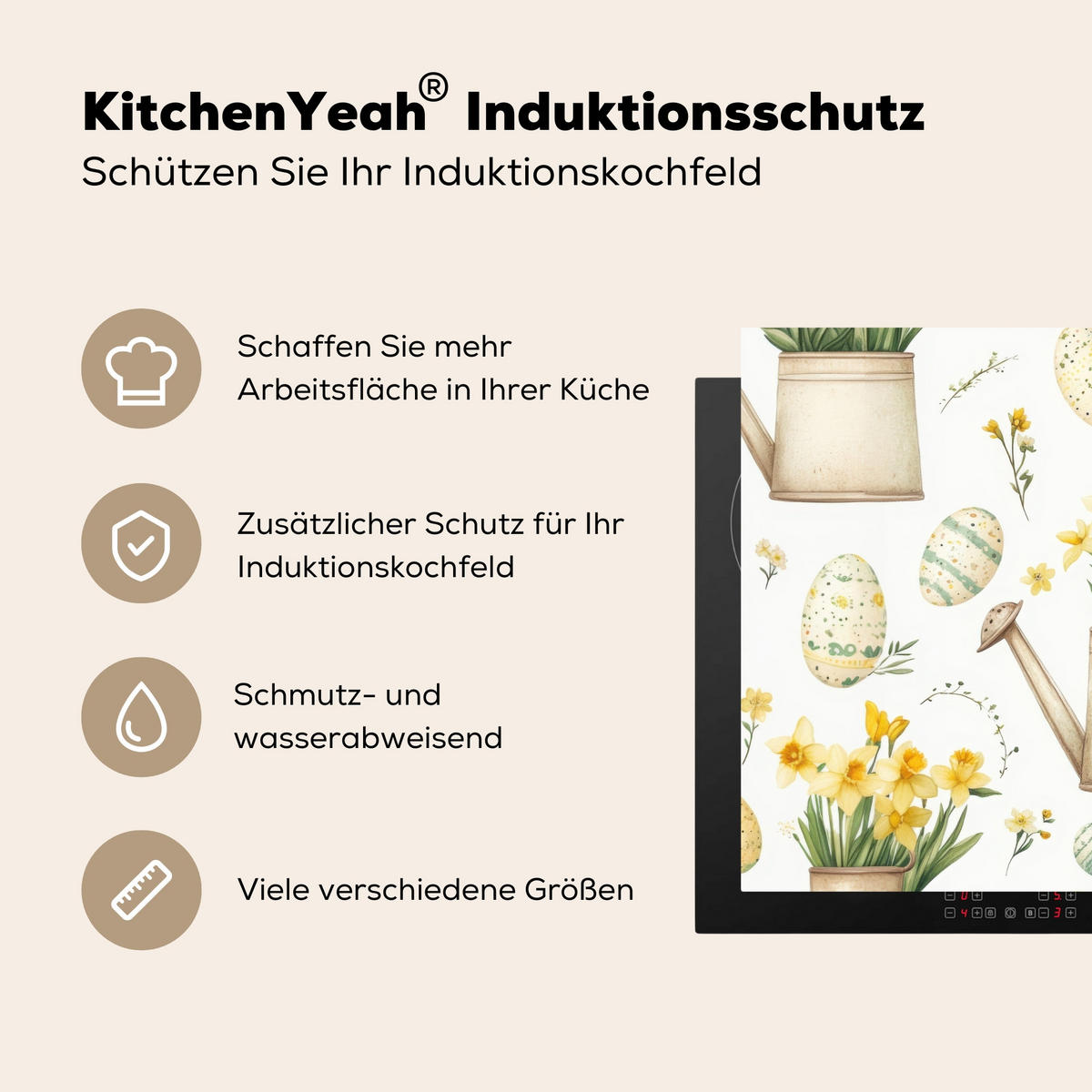 HERDABDECKPLATTE Gießkanne - Blumen - Eier Induktionsmatte 77x51 cm - Weiß, Kunststoff (77/51/0.2cm) - MuchoWow