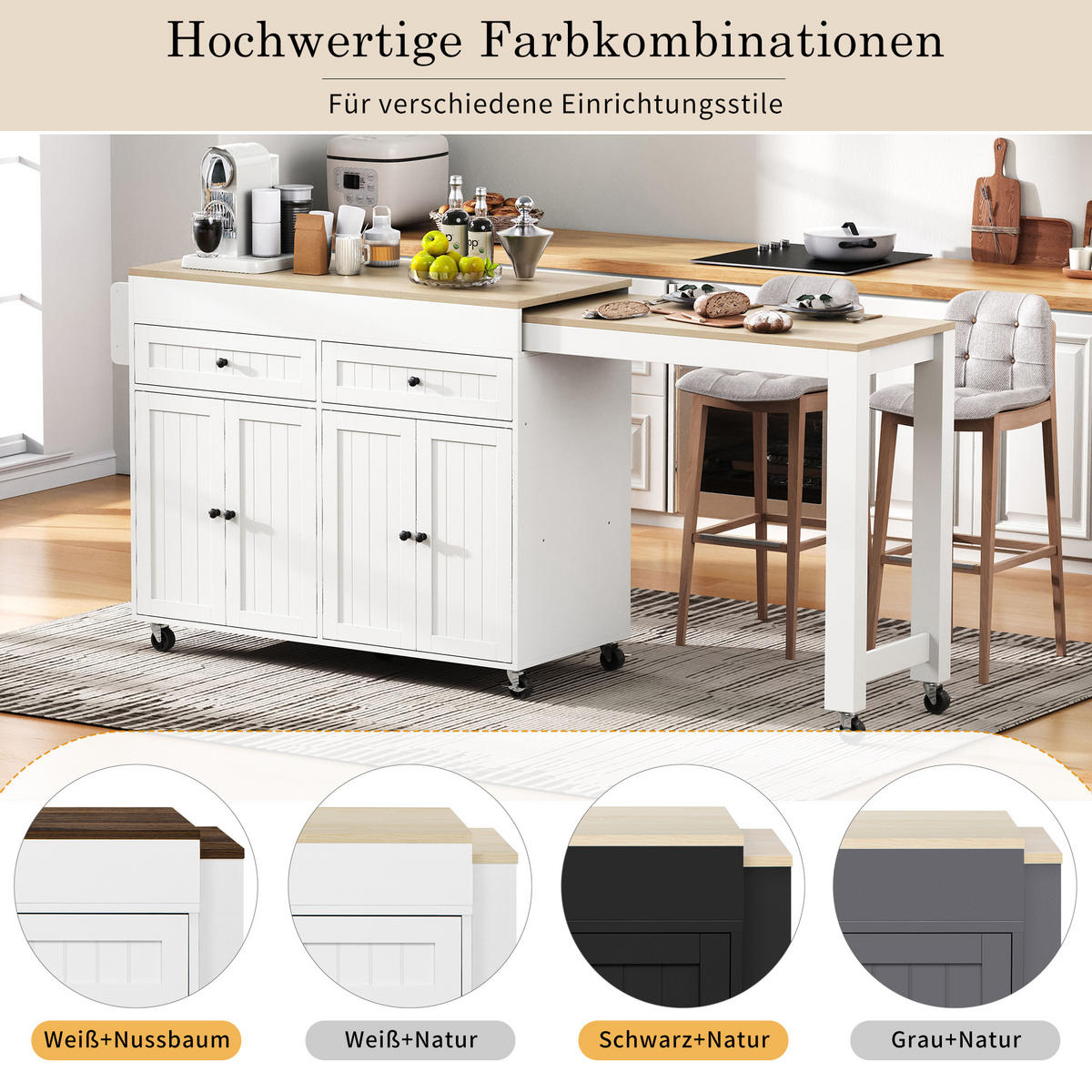 KÜCHENINSEL mit Rollen 112/45/92.2 cm Weiß mit 2 Schubladen und Arbeitsplatte - Weiß, Holz/Holzwerkstoff (180.5/92.2/45cm) - Oxeza
