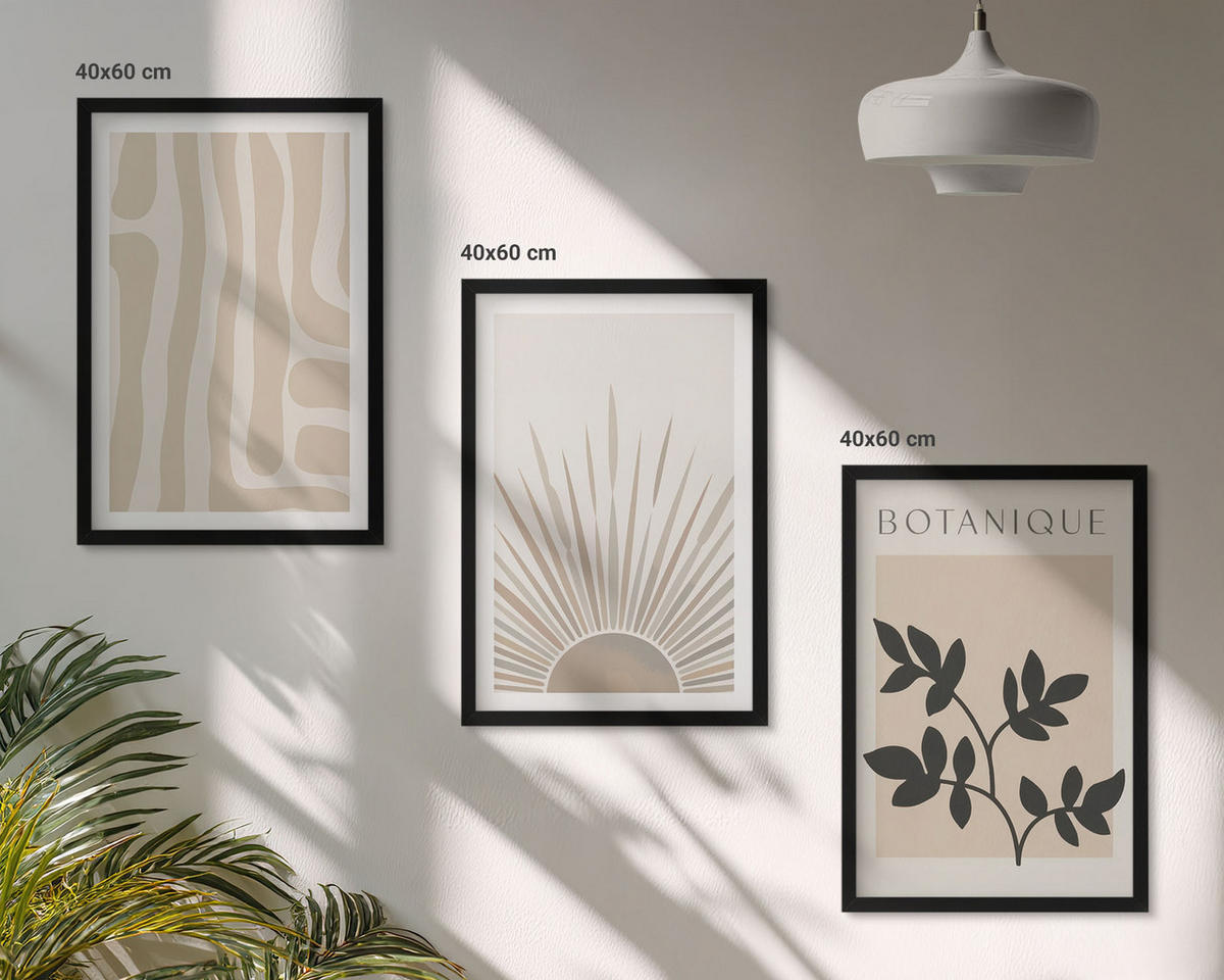 BILDER SET 3er Set - 40x60 cm Schwarzer Rahmen - Abstrakte Pflanzenmuster - Schwarz, Kunststoff (40/60cm) - TULUP