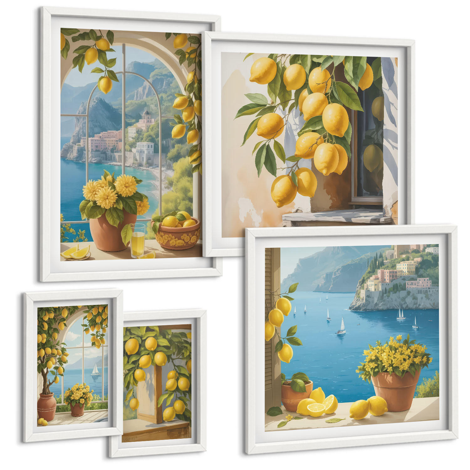 BILDER SET 5er Set - 50x50 cm & 20x30 cm & 40x60 cm Weißer Rahmen - Meerblick, italienische Zitronen - Weiß, Kunststoff (40/60cm) - TULUP