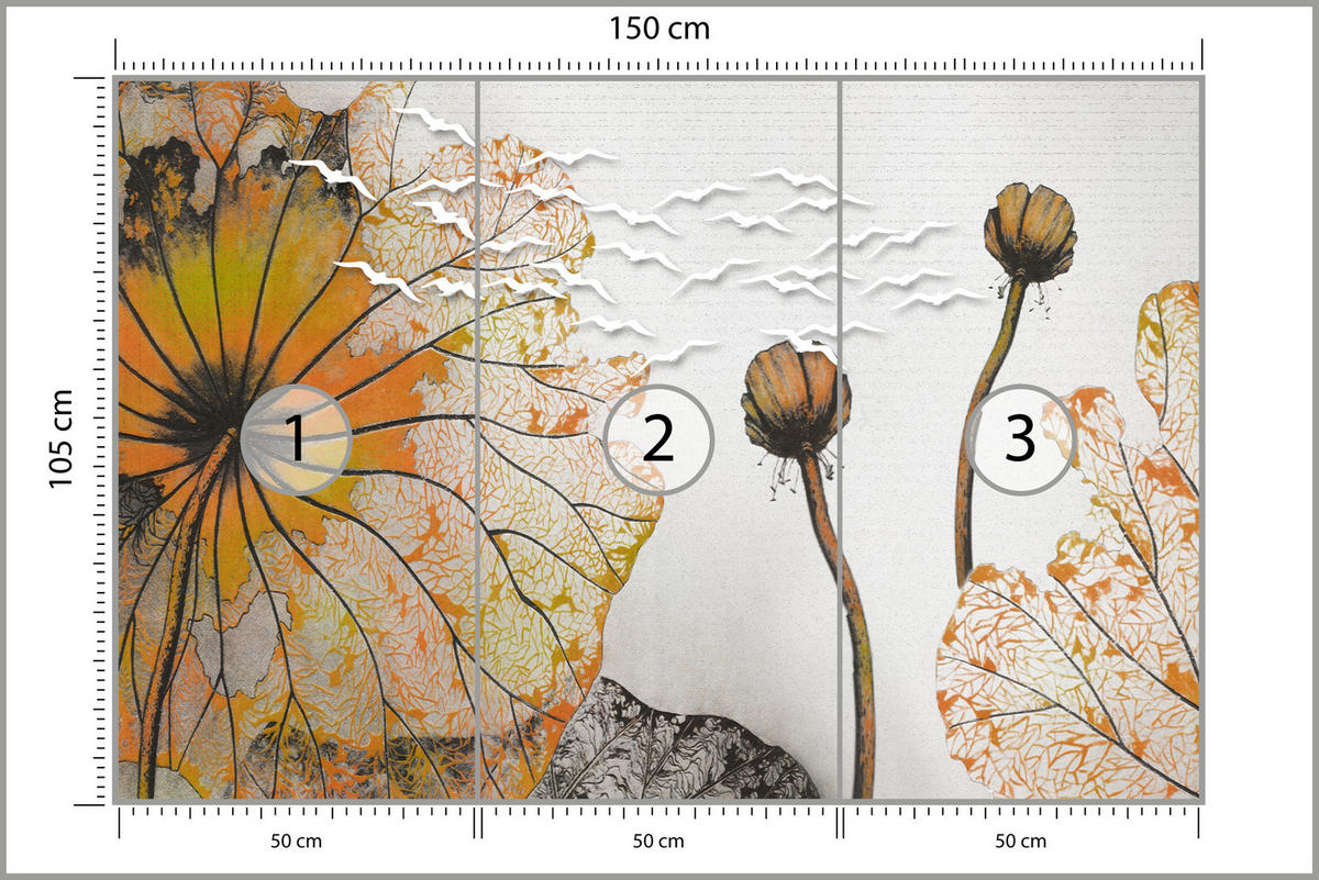 FOTOTAPETE für Esszimmer Große Abstrakte Orange Blumen Blätter 150x105 - Gelb/Orange, Papier (150/105cm) - Muralo