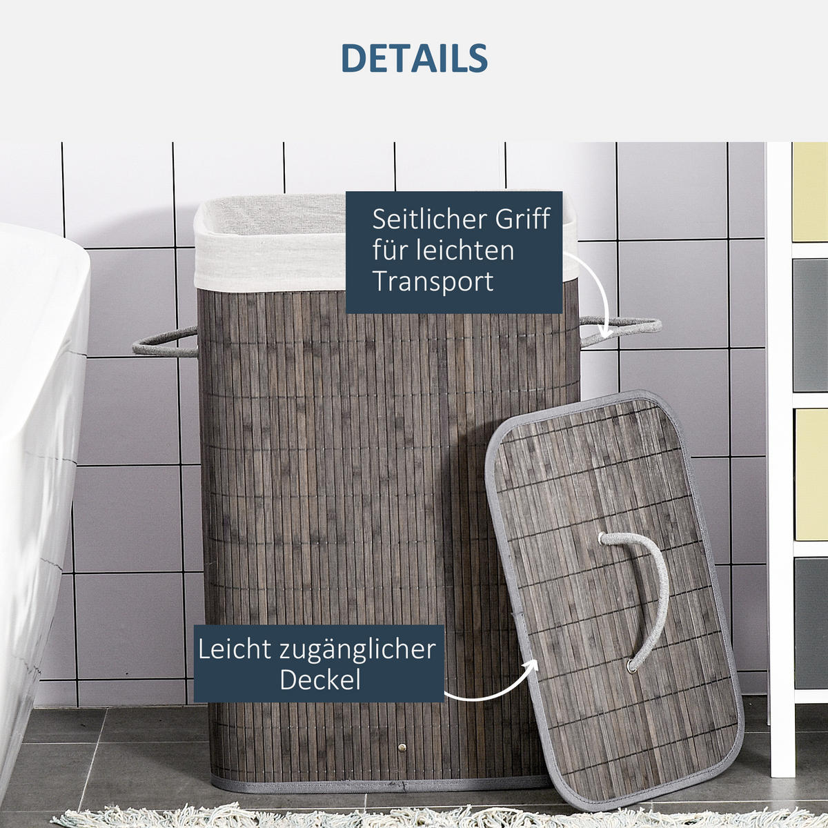 WÄSCHEKORB schmal mit Deckel 83L, Bambus, Grau - Grau, Naturmaterialien (43/61/32cm) - HOMCOM