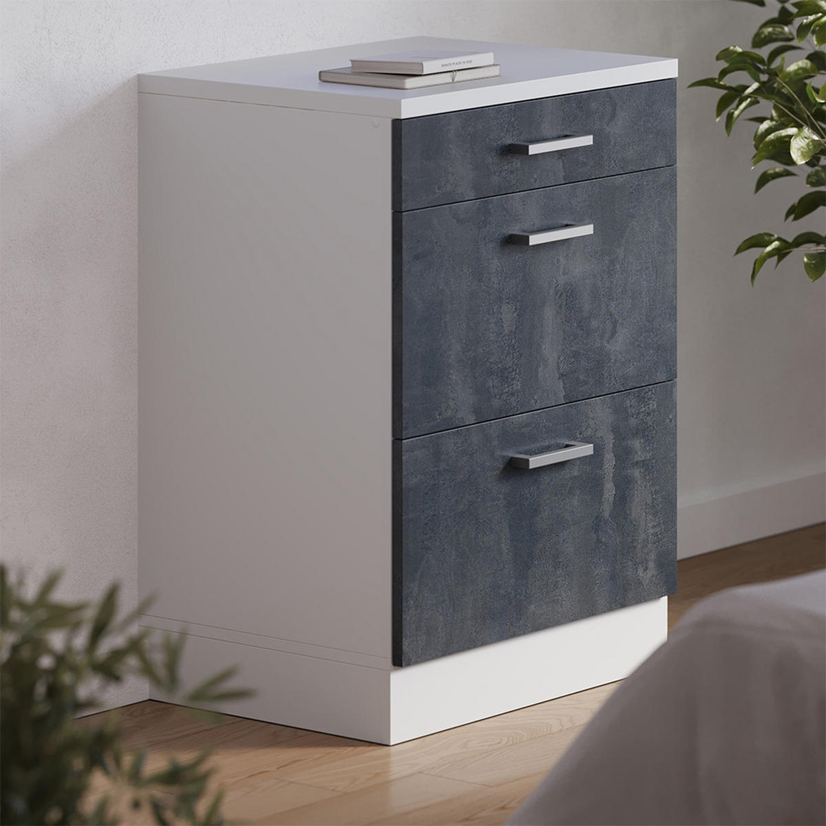 KUHINJSKA OMARA ZA POŠEVNE STREHE R-Line, Črni beton, 60 cm brez naklona z 3 predaloma - črna/bela, leseni material (60/83.8/46cm) - Vicco